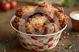 Fried Chicken wings and legs. Bucket full of crispy kentucky fried chicken on brown background