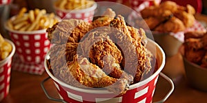 Fried Chicken wings and legs. Bucket full of crispy kentucky fried chicken on red background