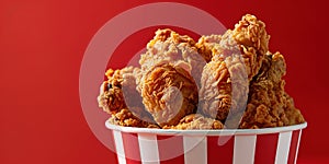 Fried Chicken wings and legs. Bucket full of crispy kentucky fried chicken on red background