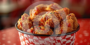 Fried Chicken wings and legs. Bucket full of crispy kentucky fried chicken on red background