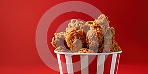 Fried Chicken wings and legs. Bucket full of crispy kentucky fried chicken on red background