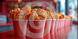 Fried Chicken wings and legs. Bucket full of crispy kentucky fried chicken on red background