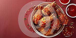 Fried Chicken wings and legs. Bucket full of crispy kentucky fried chicken on red background