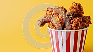 Fried Chicken wings and legs. Bucket full of crispy kentucky fried chicken on yellow background