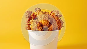 Fried Chicken wings and legs. Bucket full of crispy kentucky fried chicken on yellow background