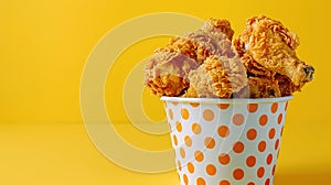 Fried Chicken wings and legs. Bucket full of crispy kentucky fried chicken on yellow background