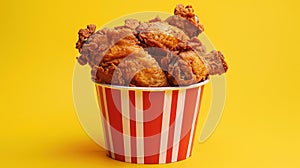 Fried Chicken wings and legs. Bucket full of crispy kentucky fried chicken on yellow background