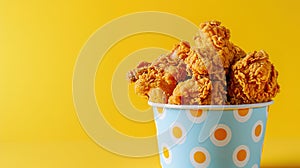 Fried Chicken wings and legs. Bucket full of crispy kentucky fried chicken on yellow background