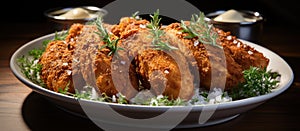 Fried chicken wings with sauce and herbs on a white plate