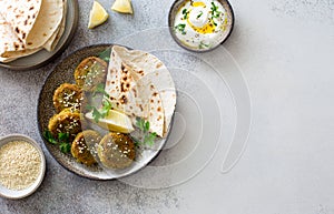 Fried chickpeas falafel patties, pita bread and yogurt sauce on gray stone background