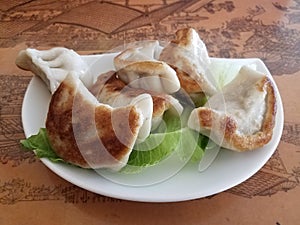 Fried Chinese dumplings or potstickers on plate with lettuce