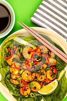 Fried Chinese Style Chilli Prawns On A Bed Of Steamed Pak Choi G