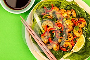 Fried Chinese Style Chilli Prawns On A Bed Of Steamed Pak Choi G