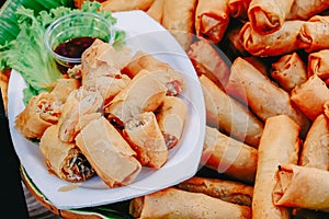 Fried Chinese Traditional Spring rolls food with sweet sauce. Asian cuisine , select focus