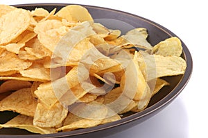 Fried chips on dish over white