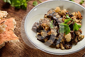 Fried chopped eggplant with garlic and bread crumbs