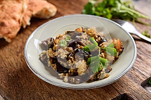 Fried chopped eggplant with garlic and bread crumbs