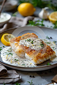 fried cod fillet with cream sauce and lemon