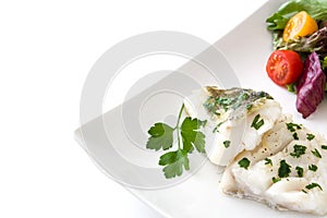 Fried cod fillet and salad in plate isolated