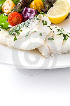 Fried cod fillet and salad in plate isolated