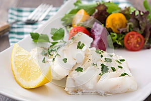 Fried cod fillet and salad in plate