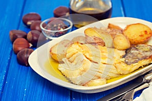 Fried cod fish with chestnuts and potato