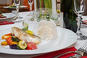 Fried cod with roasted vegetables.