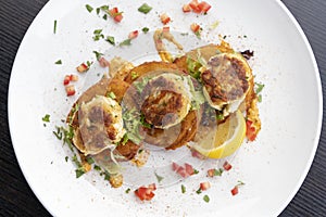 Fried Crabcake dinner with fried green tomato