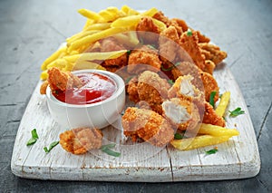 Fried crispy chicken nuggets with french fries and ketchup on white board photo