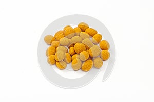 Fried Crispy Chilli Peanuts with Sea Salt and Pepper Isolated on a White Background. Appetizer for beer. Spicy snack peanut