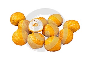 Fried crispy round chicken nuggets with Cheese. Isolated, white background.