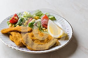 Fried Crispy Sardine Fish Plate with Salad and Lemon / Seafood Sardalya.