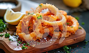 Fried crispy squid rings in tempura. Tasty snack on wooden board, closeup view