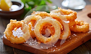 Fried crispy squid rings in tempura. Tasty snack on wooden board, closeup view