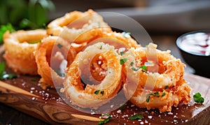 Fried crispy squid rings in tempura. Tasty snack on wooden board, closeup view