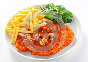 Fried Crumbed Escalope with French Fries photo