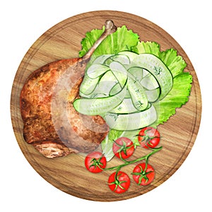 Fried duck leg confit with vegetables watercolor