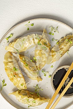 Fried dumplings Gyoza on ceramic plate, soy sauce, sesame and chopsticks on a grey concrete background