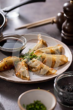 Fried dumplings gyoza stuffed with vegetables, with soy sauce and chopsticks, top view. Dark background.