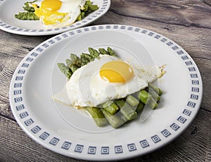 Fried egg with asparagus. Milanese traditional dish.