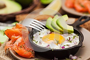 Fried egg, avocado and smoked salmon in frying pan