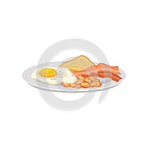 Fried egg and bacon with beans and toast on white plate. Traditional English breakfast. Tasty food. Flat vector for cafe
