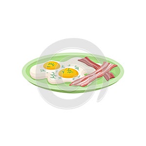 Fried egg with bacon on a plate, fresh nutritious breakfast food, design element for menu, cafe, restaurant vector