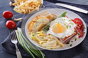 Fried egg with bacon in a white plate with fried pieces of bread, greens, tomatoes and french fries on a gray wooden table.