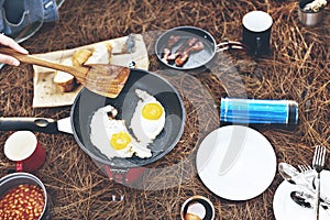 Fried Egg Bean Bacon Bread Coffee Relax Cooking Concept