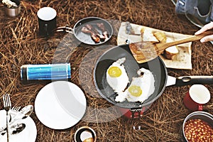 Fried Egg Bean Bacon Bread Coffee Relax Cooking Concept