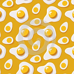 Fried egg and boiled egg on yellow background. Vector  pattern.