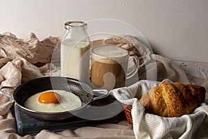 Fried egg with bread and coffee with milk