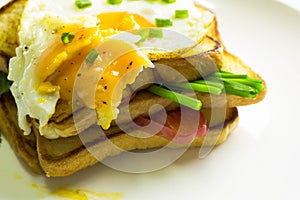 Fried egg and bread in the plate placed on the table