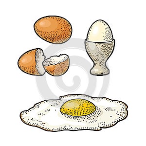 Fried egg and broken shell. Vintage color engraving illustration